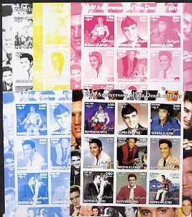 Somaliland 2002 25th Death Anniversary of Elvis Presley #1 sheetlet containing 9 values - the set of 5 imperf progressive proofs comprising the 4 individual colours plus all 4-colour composite, unmounted mint , stamps on entertainments, stamps on films, stamps on cinema, stamps on elvis, stamps on music