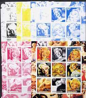 Somaliland 2002 Marilyn Monroe #1 sheetlet containing 9 values - the set of 5 imperf progressive proofs comprising the 4 individual colours plus all 4-colour composite, unmounted mint , stamps on , stamps on  stamps on films, stamps on  stamps on cinema, stamps on  stamps on entertainments, stamps on  stamps on women, stamps on  stamps on personalities, stamps on  stamps on marilyn, stamps on  stamps on monroe, stamps on  stamps on 