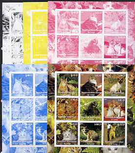 Congo 2002 Domestic Cats sheetlet containing 9 values - the set of 5 imperf progressive proofs comprising the 4 individual colours plus all 4-colour composite, unmounted mint , stamps on , stamps on  stamps on cats