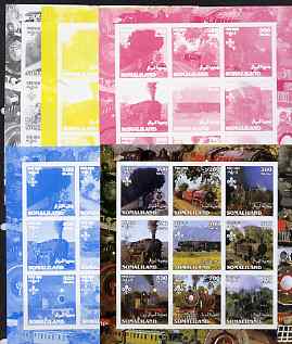 Somaliland 2002 Steam Trains #1 sheetlet containing set of 9 values each with Scout Logo - the set of 5 imperf progressive proofs comprising the 4 individual colours plus all 4-colour composite, unmounted mint , stamps on , stamps on  stamps on railways, stamps on  stamps on scouts