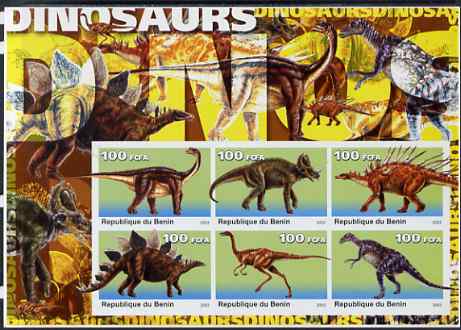 Benin 2003 Dinosaurs #02 large imperf sheetlet containing set of 6 values unmounted mint. Note this item is privately produced and is offered purely on its thematic appea..., stamps on dinosaurs