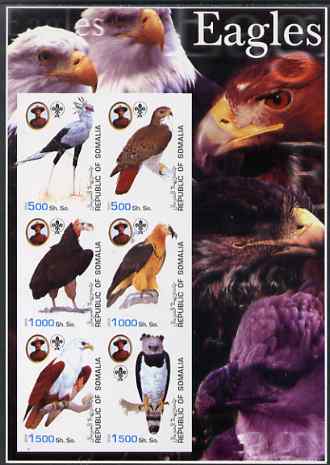 Somalia 2003 Eagles large imperf sheetlet containing set of 6 values each showing Baden Powell & Scout logo unmounted mint. Note this item is privately produced and is of..., stamps on birds, stamps on birds of prey, stamps on eagles, stamps on scouts