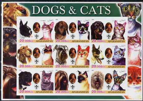 Afghanistan 2003 Dogs & Cats #2 imperf sheetlet containing set of 9 values each with Scout Logo unmounted mint. Note this item is privately produced and is offered purely on its thematic appeal, it has no postal validity, stamps on , stamps on  stamps on dogs, stamps on  stamps on cats, stamps on  stamps on scouts