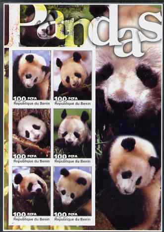 Benin 2003 Pandas large imperf sheetlet containing set of 6 values unmounted mint. Note this item is privately produced and is offered purely on its thematic appeal, stamps on , stamps on  stamps on animals, stamps on  stamps on bears, stamps on  stamps on pandas