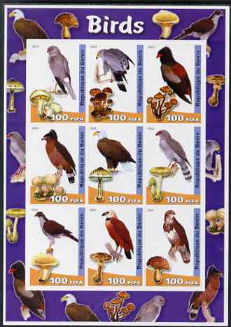 Benin 2003 Birds & Fungi large imperf sheetlet containing set of 9 values unmounted mint. Note this item is privately produced and is offered purely on its thematic appeal, stamps on , stamps on  stamps on birds, stamps on  stamps on birds of prey, stamps on  stamps on fungi