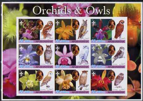 Afghanistan 2003 Orchids & Owls (with baden Powell) imperf sheetlet containing set of 9 values unmounted mint, stamps on , stamps on  stamps on flowers, stamps on  stamps on orchids, stamps on  stamps on birds, stamps on  stamps on scouts, stamps on  stamps on birds of prey, stamps on  stamps on 