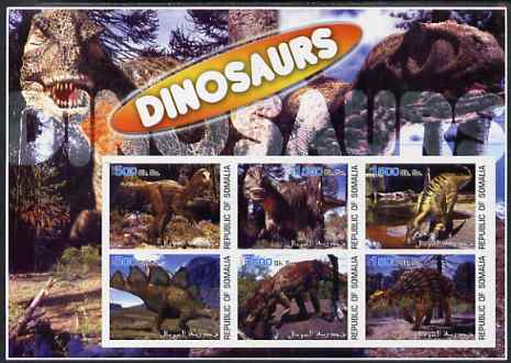 Somalia 2003 Dinosaurs large imperf sheetlet containing 6 values unmounted mint. Note this item is privately produced and is offered purely on its thematic appeal, stamps on , stamps on  stamps on dinosaurs, stamps on  stamps on 