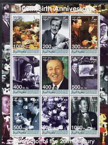 Somaliland 2001 Birth Centenary of Walt Disney perf sheetlet containing set of 9 values unmounted mint. Note this item is privately produced and is offered purely on its ..., stamps on personalities, stamps on disney, stamps on films, stamps on cinema, stamps on movies, stamps on 