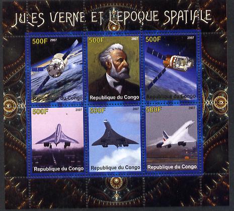 Congo 2007 Jules Verne & the Space Age (Concorde) perf sheetlet containing 6 values unmounted mint. Note this item is privately produced and is offered purely on its thematic appeal, stamps on , stamps on  stamps on personalities, stamps on  stamps on literature, stamps on  stamps on sci-fi, stamps on  stamps on aviation, stamps on  stamps on concorde