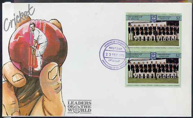 St Vincent - Grenadines 1985 Cricketers #3 - $2 Yorkshire Team - imperforate pair on illustrated cover with first day cancellation, as SG 369 very few imperfs are known o..., stamps on cricket, stamps on sport