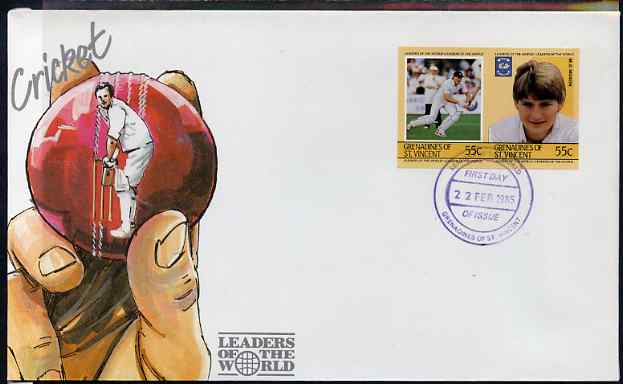 St Vincent - Grenadines 1985 Cricketers #3 - 55c M D Moxon - imperforate se-tenant pair on illustrated cover with first day cancellation, as SG 364a very few imperfs are ..., stamps on cricket, stamps on sport