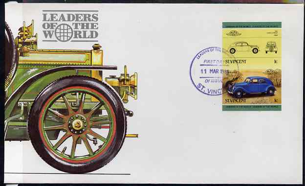 St Vincent 1985 Cars #3 (Leaders of the World) 1c Lancia Aprilia (1937) - imperforate se-tenant pair on illustrated cover with first day cancellation, as SG 862a very few imperfs are known on cover, stamps on , stamps on  stamps on cars, stamps on  stamps on lancia