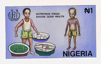 Nigeria 1992 Conference on Nutrition - original hand-painted artwork for N1 value (Children & Baskets of Food) by NSP&MCo Staff Artist Samuel A M Eluare on board 9x5 endo..., stamps on children   food