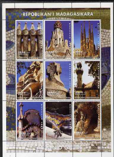 Madagascar 2000 Architecture by Antonio Gaudi perf sheetlet containing complete set of 9 values unmounted mint, stamps on , stamps on  stamps on architecture, stamps on  stamps on buildings, stamps on  stamps on arts