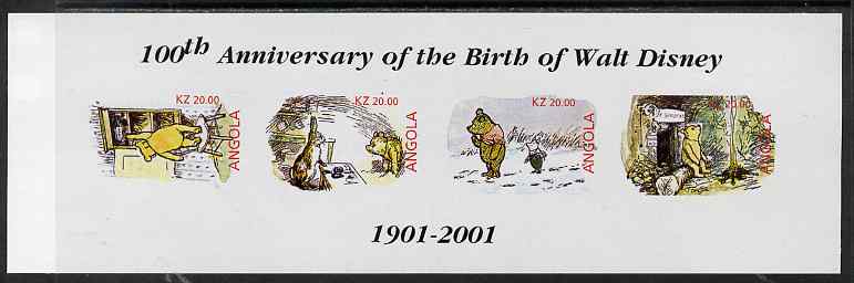 Angola 2001 Birth Centenary of Walt Disney imperf sheetlet containing 4 values (Winnie the Pooh) unmounted mint, stamps on , stamps on  stamps on personalities, stamps on  stamps on films, stamps on  stamps on cinema, stamps on  stamps on movies, stamps on  stamps on bears, stamps on  stamps on disney