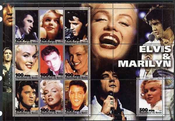 Benin 2003 Elvis & Marilyn perf sheetlet containing 10 values unmounted mint. Note this item is privately produced and is offered purely on its thematic appeal, stamps on music, stamps on personalities, stamps on elvis, stamps on entertainments, stamps on films, stamps on cinema, stamps on marilyn monroe