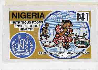 Nigeria 1992 Conference on Nutrition - original hand-painted artwork for N1 value (Children Eating & Map of World) by Godrick N Osuji on card 9x5 endorsed B1, stamps on , stamps on  stamps on children   food    maps