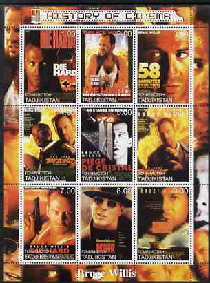 Tadjikistan 2000 History of the Cinema - Bruce Willis perf sheetlet containing 9 values unmounted mint, stamps on , stamps on  stamps on personalities, stamps on  stamps on entertainments, stamps on  stamps on films, stamps on  stamps on cinema, stamps on  stamps on  tv , stamps on  stamps on movies