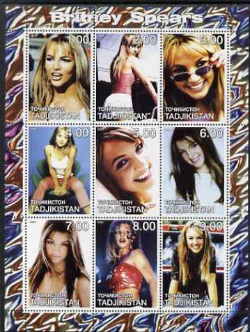 Tadjikistan 2000 Britaney Spears perf sheetlet containing 9 values unmounted mint, stamps on , stamps on  stamps on personalities, stamps on  stamps on entertainments, stamps on  stamps on films, stamps on  stamps on cinema, stamps on  stamps on  tv , stamps on  stamps on women, stamps on  stamps on movies