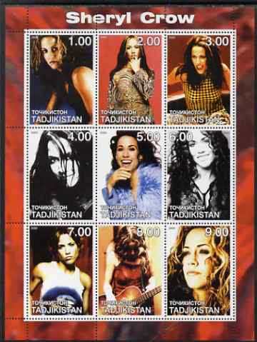 Tadjikistan 2000 Sheryl Crow perf sheetlet containing 9 values unmounted mint, stamps on , stamps on  stamps on personalities, stamps on  stamps on entertainments, stamps on  stamps on music, stamps on  stamps on pops, stamps on  stamps on rock, stamps on  stamps on women, stamps on  stamps on 