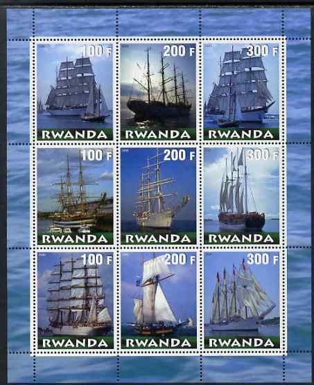 Rwanda 2000 Tall Ships perf sheetlet containing complete set of 9 values unmounted mint, stamps on ships