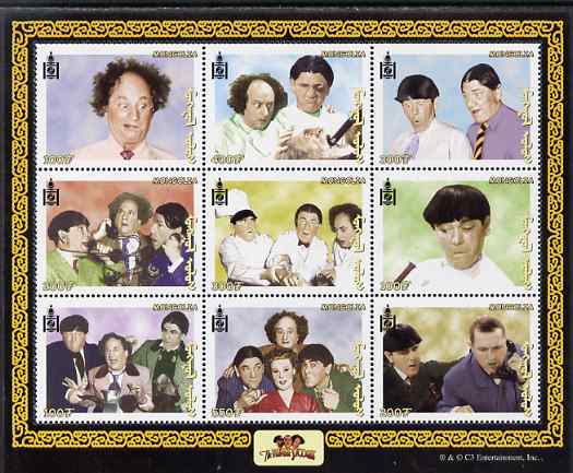 Mongolia 2001 The Three Stooges (Comedy series) perf sheetlet containing 9 values unmounted mint, SG MS 2945, stamps on , stamps on  stamps on films, stamps on  stamps on cinema, stamps on  stamps on comedy, stamps on  stamps on telephones