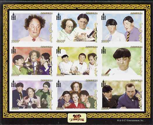 Mongolia 2001 The Three Stooges (Comedy series) imperf sheetlet containing 9 values unmounted mint, as SG MS 2945, stamps on , stamps on  stamps on films, stamps on  stamps on cinema, stamps on  stamps on comedy, stamps on  stamps on telephones