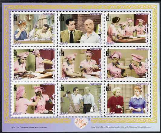 Mongolia 2001 I Love Lucy (TV Comedy series) perf sheetlet containing 9 values unmounted mint, SG MS 2943, stamps on films, stamps on cinema, stamps on  tv , stamps on comedy, stamps on food, stamps on 