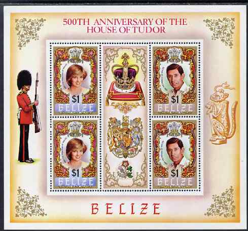 Belize 1984 Diana & Charles perf sheetlet containing 4 values plus label (from 500th Anniversary of House of Tudor) unmounted mint, SG 803-4, stamps on , stamps on  stamps on royalty, stamps on  stamps on charles, stamps on  stamps on diana, stamps on  stamps on militaria