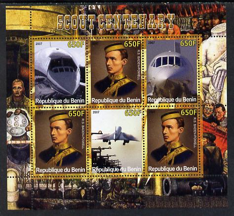 Benin 2007 Scout Centenary & Concorde perf sheetlet containing 6 values unmounted mint, stamps on , stamps on  stamps on scouts, stamps on  stamps on aviation, stamps on  stamps on concorde