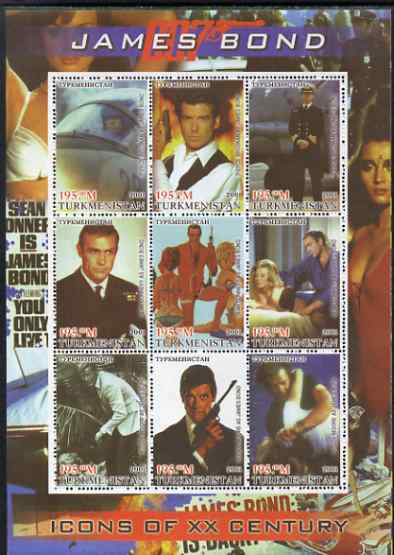 Turkmenistan 2001 Icons of the 20th Century - James Bond perf sheetlet containing set of 9 values unmounted mint, stamps on , stamps on  stamps on personalities, stamps on  stamps on cinema, stamps on  stamps on entertainments, stamps on  stamps on millennium, stamps on  stamps on films, stamps on  stamps on movies, stamps on  stamps on  spy , stamps on  stamps on scots, stamps on  stamps on scotland