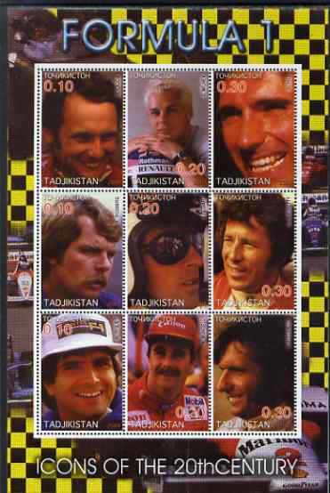 Tadjikistan 2001 Icons of the 20th Century - Formula 1 perf sheetlet containing set of 9 values unmounted mint, stamps on personalities, stamps on sport, stamps on  f1 , stamps on formula 1, stamps on 