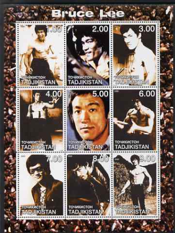 Tadjikistan 2000 Bruce Lee perf sheetlet containing set of 9 values unmounted mint, stamps on , stamps on  stamps on films, stamps on  stamps on cinema, stamps on  stamps on movies, stamps on  stamps on entertainments, stamps on  stamps on personalities, stamps on  stamps on martial arts, stamps on  stamps on 