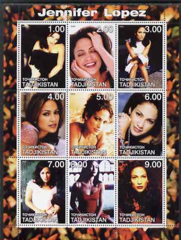 Tadjikistan 2000 Jennifer Lopez perf sheetlet containing 9 values unmounted mint, stamps on personalities, stamps on entertainments, stamps on films, stamps on cinema, stamps on women