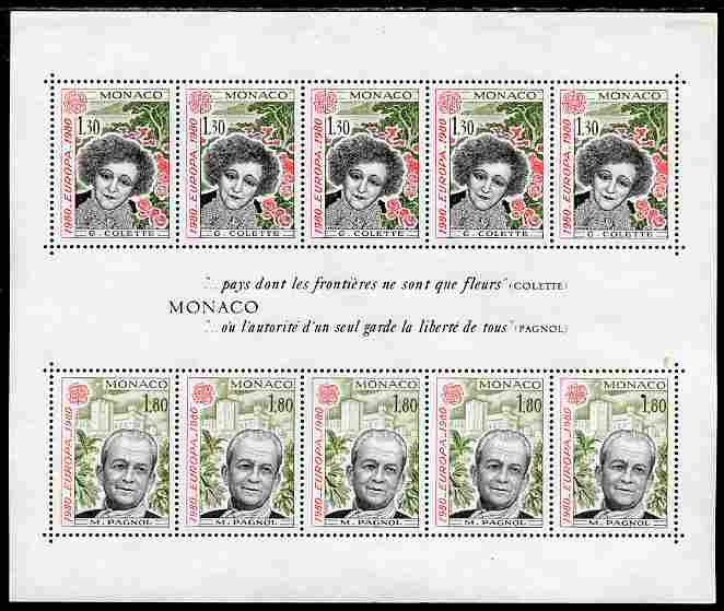 Monaco 1980 Europa - Personalities perf sheetlet containing five sets of two unmounted mint, SG MS 1443, stamps on personalities, stamps on europa, stamps on literature, stamps on 