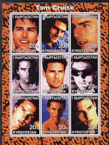 Kyrgyzstan 2000 Tom Cruise perf sheetlet containing 9 values unmounted mint, stamps on , stamps on  stamps on personalities, stamps on  stamps on entertainments, stamps on  stamps on films, stamps on  stamps on cinema, stamps on  stamps on  tv , stamps on  stamps on movies