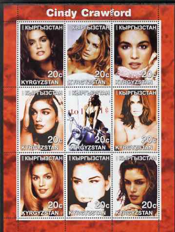 Kyrgyzstan 2000 Cindy Crawford perf sheetlet containing 9 values unmounted mint, stamps on , stamps on  stamps on personalities, stamps on  stamps on entertainments, stamps on  stamps on films, stamps on  stamps on cinema, stamps on  stamps on  tv , stamps on  stamps on movies, stamps on  stamps on women