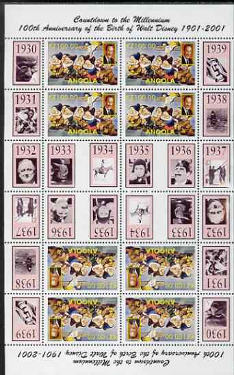 Angola 1999 Countdown to the Millennium #04 (1930-1939) & Birth Centenary of Walt Disney perf sheetlet containing 4 values (7 Dwarfs) se-tenant pair of sheetlets in tete-...