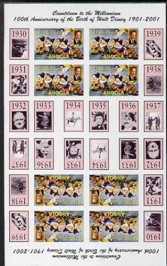 Angola 1999 Countdown to the Millennium #04 (1930-1939) & Birth Centenary of Walt Disney imperf sheetlet containing 4 values (7 Dwarfs) se-tenant pair of sheetlets in tete-beche format from uncut proof sheet, scarce thus, stamps on , stamps on  stamps on personalities, stamps on cartoons, stamps on aviation, stamps on films, stamps on cinema, stamps on sport, stamps on disney, stamps on gandhi, stamps on cultures, stamps on spitfires, stamps on  ww2 , stamps on millennium