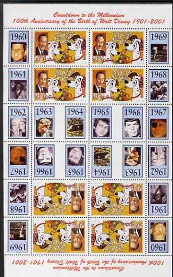 Angola 1999 Countdown to the Millennium #07 (1960-1969) & Birth Centenary of Walt Disney perf sheetlet containing 4 values (101 Dalmations) se-tenant pair of sheetlets in..., stamps on personalities, stamps on films, stamps on cinema, stamps on entertainments, stamps on elvis:kennedy, stamps on marilyn monroe, stamps on space, stamps on apollo, stamps on pops, stamps on disney, stamps on millennium, stamps on judaica, stamps on  spy , stamps on 