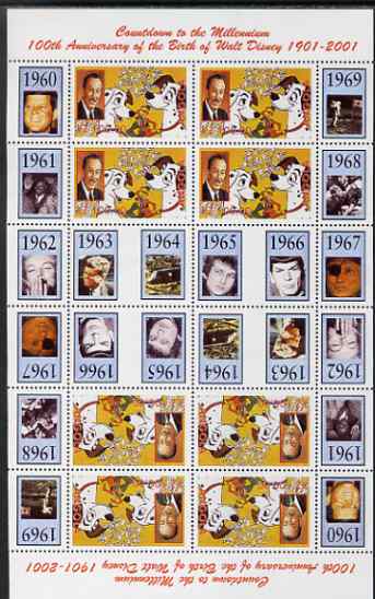 Angola 1999 Countdown to the Millennium #07 (1960-1969) & Birth Centenary of Walt Disney perf sheetlet containing 4 values (101 Dalmations) se-tenant pair of sheetlets in...