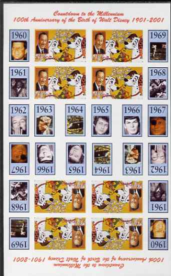 Angola 1999 Countdown to the Millennium #07 (1960-1969) & Birth Centenary of Walt Disney imperf sheetlet containing 4 values (101 Dalmations) se-tenant pair of sheetlets in tete-beche format from uncut proof sheet, scarce thus, stamps on , stamps on  stamps on personalities, stamps on films, stamps on cinema, stamps on entertainments, stamps on elvis:kennedy, stamps on marilyn monroe, stamps on space, stamps on apollo, stamps on pops, stamps on disney, stamps on millennium, stamps on judaica, stamps on  stamps on  spy , stamps on  stamps on 