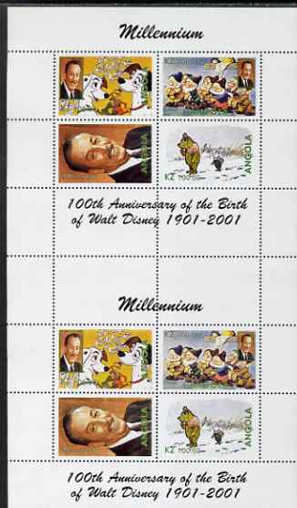 Angola 2000 Millennium & Birth Centenary of Walt Disney perf sheetlet containing 4 values, se-tenant pair of sheetlets from uncut proof sheet, scarce thus, stamps on , stamps on  stamps on personalities, stamps on films, stamps on cinema, stamps on entertainments, stamps on disney, stamps on millennium, stamps on bears