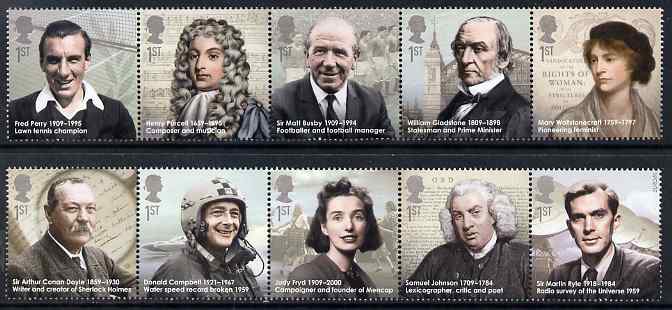 Great Britain 2009 Eminent Britons perf set of 10 (2 se-tenant strips of 5) unmounted mint, stamps on , stamps on  stamps on personalities, stamps on  stamps on football, stamps on  stamps on literature, stamps on  stamps on women, stamps on  stamps on music, stamps on  stamps on science, stamps on  stamps on tennis, stamps on  stamps on sport, stamps on  stamps on composers, stamps on  stamps on constitutions