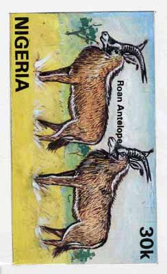 Nigeria 1990 Wildlife - original hand-painted artwork for 30k value (Roan Antelope) by S O Nwasike on card 9 x 5 endorsed B1, stamps on animals, stamps on antelope