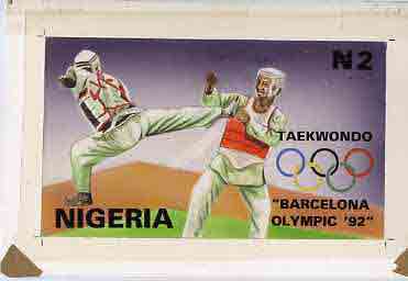 Nigeria 1992 Barcelona Olympic Games (1st issue) - original hand-painted artwork for N2 value (Taekwondo) as issued stamp by G O Akinola, on board 8.5x5 endorsed A4, stamps on , stamps on  stamps on olympics   sport  martial-arts
