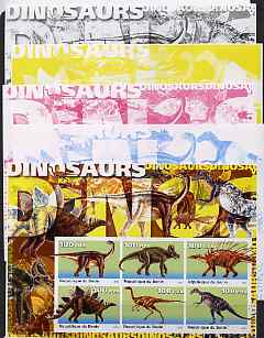 Benin 2003 Dinosaurs #02 large sheetlet containing set of 6 values - the set of 5 imperf progressive proofs comprising the 4 individual colours plus all 4-colour composite, unmounted mint , stamps on , stamps on  stamps on dinosaurs