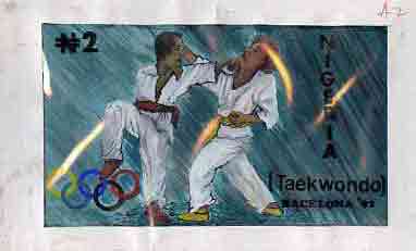 Nigeria 1992 Barcelona Olympic Games (1st issue) - original hand-painted artwork for N2 value (Taekwondo) by unknown artist on card 9x5 endorsed A2, stamps on olympics   sport   martial-arts