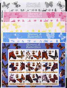 Somalia 2003 Horses & Butterflies (also showing Baden Powell and Scout & Guide Logos) sheetlet containing 9 values - the set of 5 imperf progressive proofs comprising the 4 individual colours plus all 4-colour composite, unmounted mint , stamps on horses, stamps on butterflies, stamps on scouts