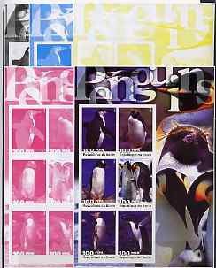 Benin 2003 Penguins large sheetlet containing set of 6 values - the set of 5 imperf progressive proofs comprising the 4 individual colours plus all 4-colour composite, un...